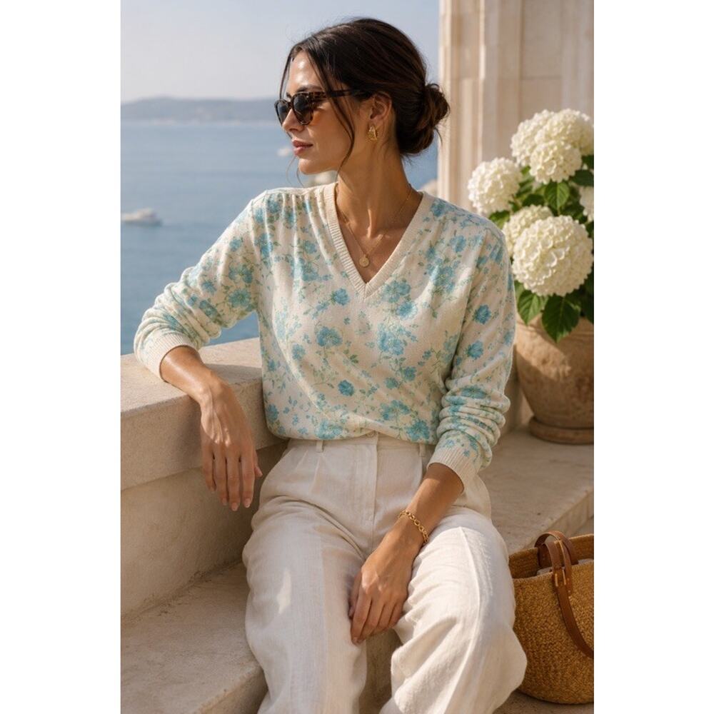 Vintage Givenchy Sport Paris Floral Qiana Knit Sweater Cream Aqua Women’s L 8 10